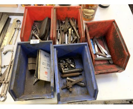 FIVE PLASTIC CONTAINERS OF ASSORTED LATHE TOOLS ETC 
