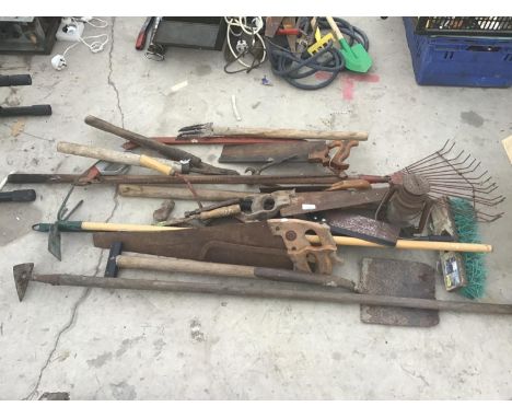 VARIOUS TOOLS TO INCLUDE VINTAGE ITEMS, SPADE, HOE, SAWS, TILLEY LAMP ETC 