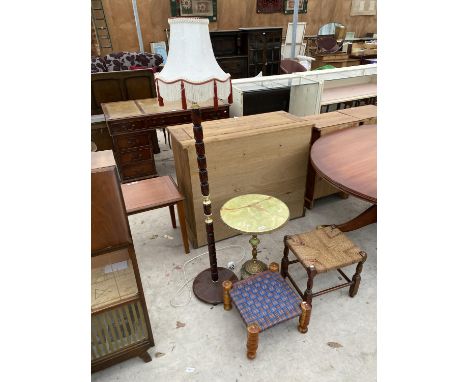 FOUR ITEMS TO INCLUDE A MAHOGANY STANDARD LAMP, AN ONYX WINE TABLE AND TWO FOOTSTOOLS WITH WOVEN SEATS 