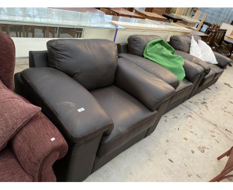 A BROWN LEATHER TWO SEATER SOFA AND TWO ARMCHAIRS 