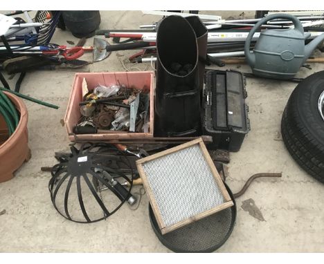 TWO COAL SCUTTLES WITH COAL, GATE BRACKETS, GARDEN ITEMS ETC 