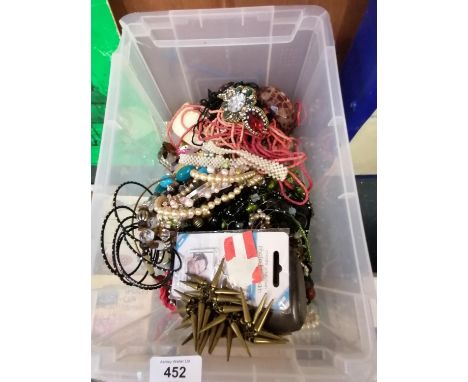 A MIXED LOT OF ITEMS - COSTUME JEWELLERY, GLASSES BOXES AND LEAD HIP FLASK 