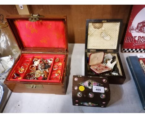 TWO WOODEN BOXES WITH VARIOUS PIECES OF COSTUME JEWELLERY TOGETHER WITH SMALL WOODEN BOX WITH ENAMEL PANEL DESIGN 