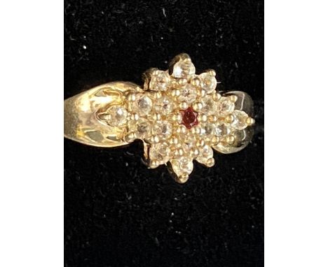 9ct Gold cluster ring set with ruby &amp; diamonds Size O Weight 3.4g