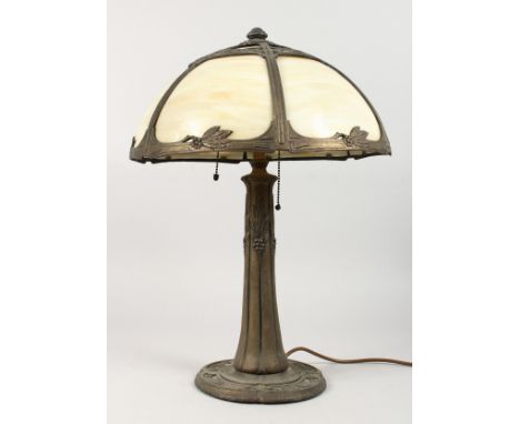 AN ART NOUVEAU STYLE CAST METAL TABLE LAMP, with ornate opaque glass shade, supported on a naturalistic base. 23ins high.