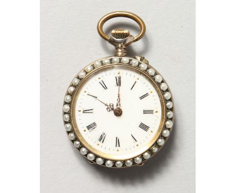 A LADIES' ENAMEL BACK FOB WATCH with seed pearl surround.