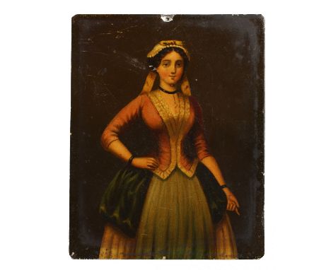 A 19TH CENTURY CONTINENTAL PORTRAIT MINIATURE OF A YOUNG LADY, oil on tin, unframed. 5ins x 4ins.