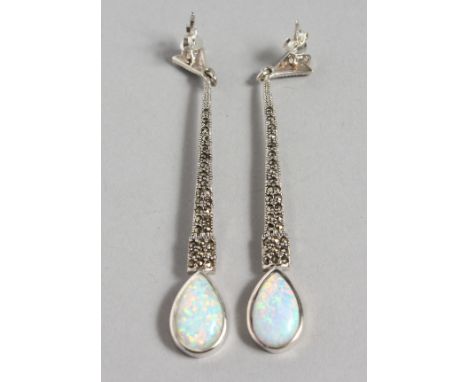 A PAIR OF SILVER, MARCASITE AND OPAL EARRINGS. 2.5ins long.