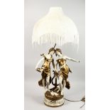 AN ORNATE ART NOUVEAU STYLE PAINTED CAST METAL TABLE LAMP, modelled as two young ladies standing