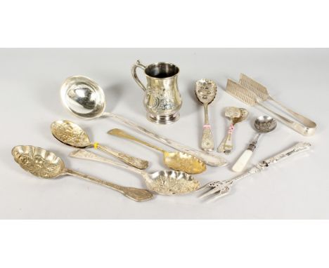 VARIOUS ITEMS OF PLATE; christening mug, ladle, berry spoon etc.
