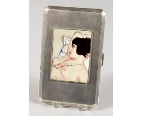 A LARGE ENGINE TURNED SILVER CIGARETTE CASE with an oval enamel plaque GLAMOUR. Birmingham 1950, Alex Clark &amp; Co.