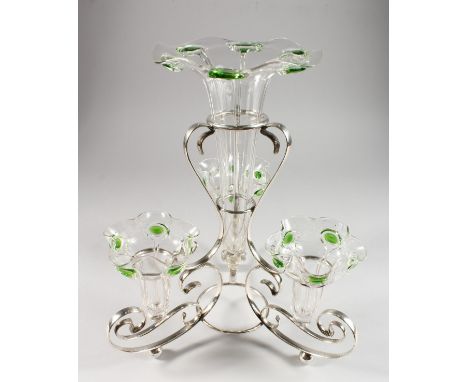 A GOOD ART NOUVEAU PLATED AND GLASS EPERGNE. 14ins high.