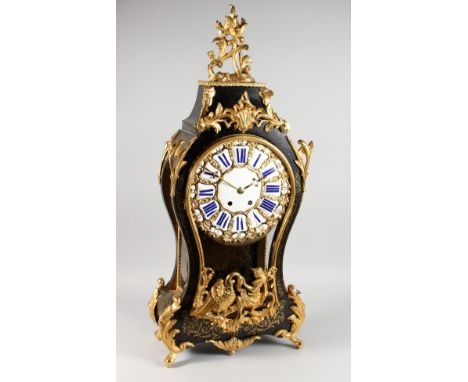 AN IMPOSING LARGE, 19TH CENTURY FRENCH BOULLE MANTLE CLOCK of typical form, with enamel dial and numerals, eight day movement
