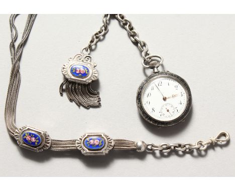 A VICTORIAN ZENITH NIELLO WATCH on a silver and enamel chain.