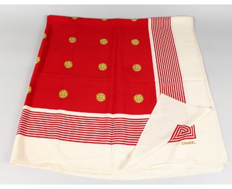 A VINTAGE CHANEL SILK SCARF, RED AND WHITE STRIPED WITH CHANEL EMBLEM.