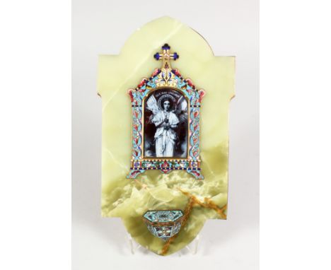 A GOOD ONYX AND CHAMPLEVE ENAMEL HOLY WATER FONT. 12ins long, 7ins wide.