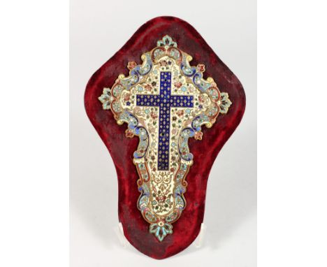 A CHAMPLEVE ENAMEL  CROSS on a velvet background. 8ins long.