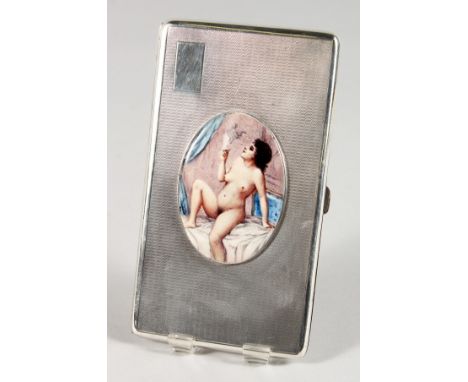 A LARGE ENGINE TURNED SILVER CIGARETTE CASE with an oval enamel plaque GLAMOUR. Birmingham 1913.