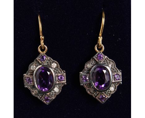 A PAIR OF 9CT GOLD AND SILVER AMETHYST AND DIAMOND EARRINGS.