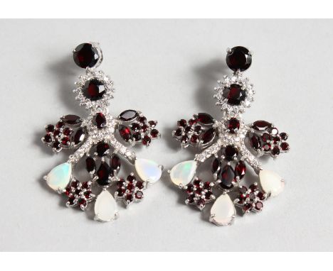 A GOOD PAIR OF SILVER, GARNET AND OPAL EARRINGS.