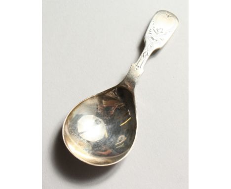 AN ENGRAVED FIDDLE PATTERN CADDY SPOON. Sheffield 1931.