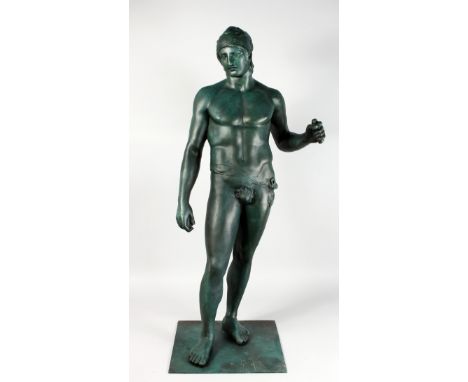 A LARGE GRAND TOUR STYLE BRONZE OF A CLASSICAL MALE, wearing a helmet, on a square base. 42ins high.