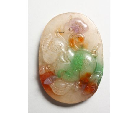 AN UNUSUAL CHINESE MULTI COLOURED CARVED JADE PENDANT. 2.25ins.