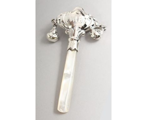 A SILVER AND MOTHER-OF-PEARL BABIES' RATTLE.