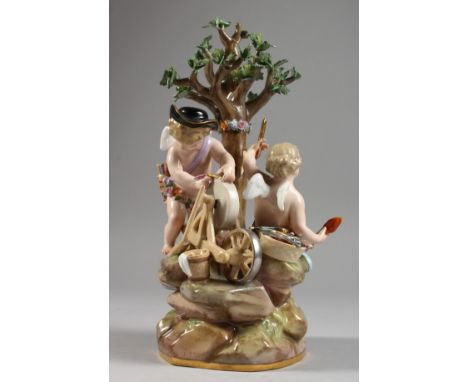 A MEISSEN PORCELAIN GROUP OF THE INFANT CUPID AND PSYCHE beneath a tree, cupid sharpening an arrow. Cross swords mark in blue