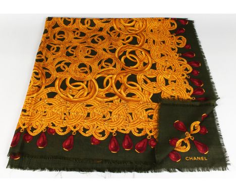 A VINTAGE CHANEL SILK SCARF, GOLD ROPES.