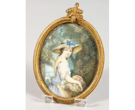 EARLY 19TH CENTURY FRENCH SCHOOL. Portrait miniature of a lady in a large hat carrying a basket of grapes. 3ins x 2.5ins in a