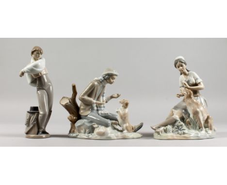 A NAO PORCELAIN FIGURE OF A MAN WITH A HAT BY HIS SIDE, and two other figure groups (3).