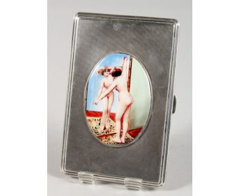A LARGE ENGINE TURNED SILVER CIGARETTE CASE with an oval enamel plaque GLAMOUR. London 1937..