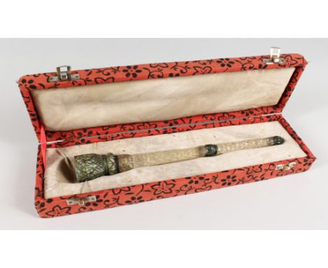 A GOOD INDIAN CRYSTAL AND JADE STICK. 11ins long, in a fitted case.