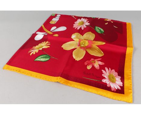 PATEK PHILIPPE. a ladies silk scarf, pink ground with floral decoration, boxed.