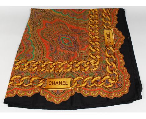 A VINTAGE CHANEL SILK SCARF, BLUE PAISLEY DESIGN.