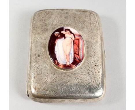 AN ENGRAVED SILVER CIGARETTE CASE, with later enamel plaque of a female nude. 3.5ins x 2.75ins.