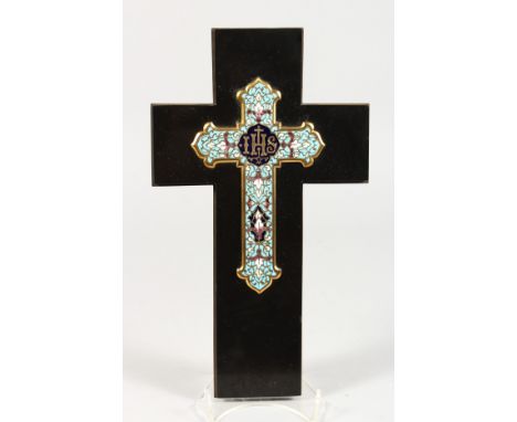 A CHAMPLEVE ENAMEL CROSS on a black marble cross. 11.5ins long.