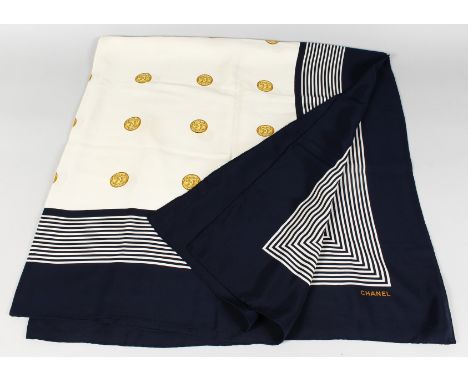 A VINTAGE CHANEL SILK SCARF, BLUE AND WHITE BORDER.