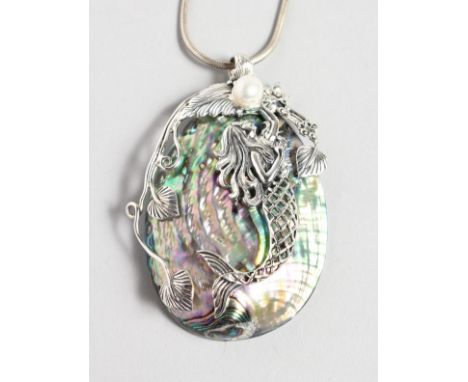 A GOOD SILVER AND PEARL MERMAID PENDANT AND CHAIN.