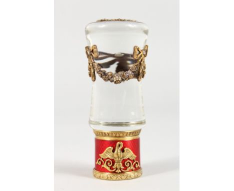 A GOOD RUSSIAN CRYSTAL HANDLE with enamel and gold mounts, with Russian crest. 3.5ins long.