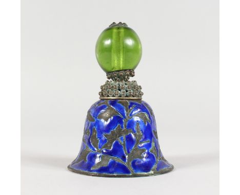 A SMALL WHITE METAL BLUE ENAMEL BELL. 3.5ins high.