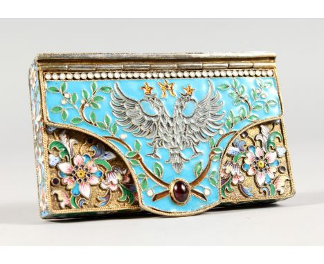 A GOOD RUSSIAN SILVER AND ENAMEL ENVELOPE-TYPE BOX, stamped 84 and head mark K.K. 3.25ins long x 1.75ins wide x 0.5ins deep.