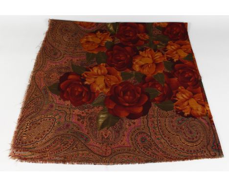 A VINTAGE CHANEL SILK SCARF, RED PAISLEY DESIGN WITH ROSES.