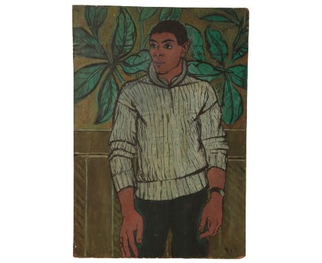 PETER SNOW (1927-2008) Portrait of a young man depicted standing three-quarter length in an interior with house plants behind