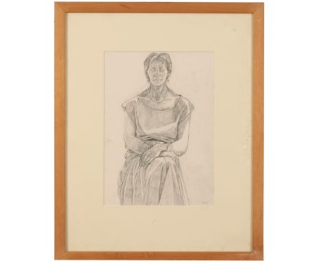 *SARAH RAPHAEL (1960-2001) 'Jane' three-quarter length portrait of a seated woman, her hands resting in her lap, monogrammed 