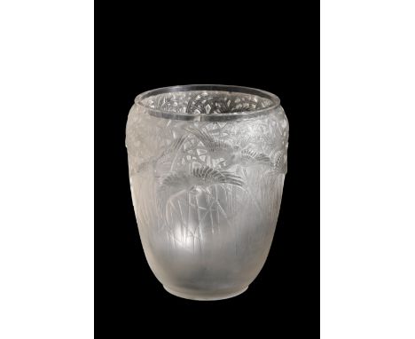 RENE LALIQUE: AN 'AIGRETTES' PATTERN VASE of flared cylindrical form, the upper section moulded in high relief with birds in 