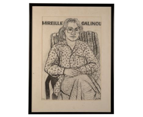 PETER SNOW (1927-2008) 'Mireille Galinou' Three-quarter length portrait of the art historian, depicted seated with her arms a
