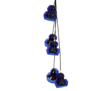 GINO VISTOSI: A MURANO GLASS PENDANT LIGHT with five drops each with a blue glass exterior shade and an orange glass interior