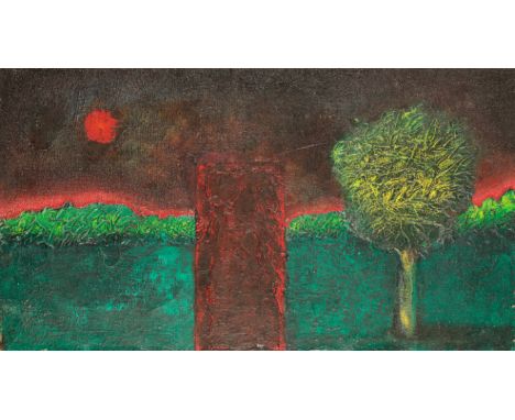 SERGEI SHUTOV (B. 1955) Stylised landscape with a tree and a blood-red sun signed and dated 1981 verso, oil on canvas, 43cm x